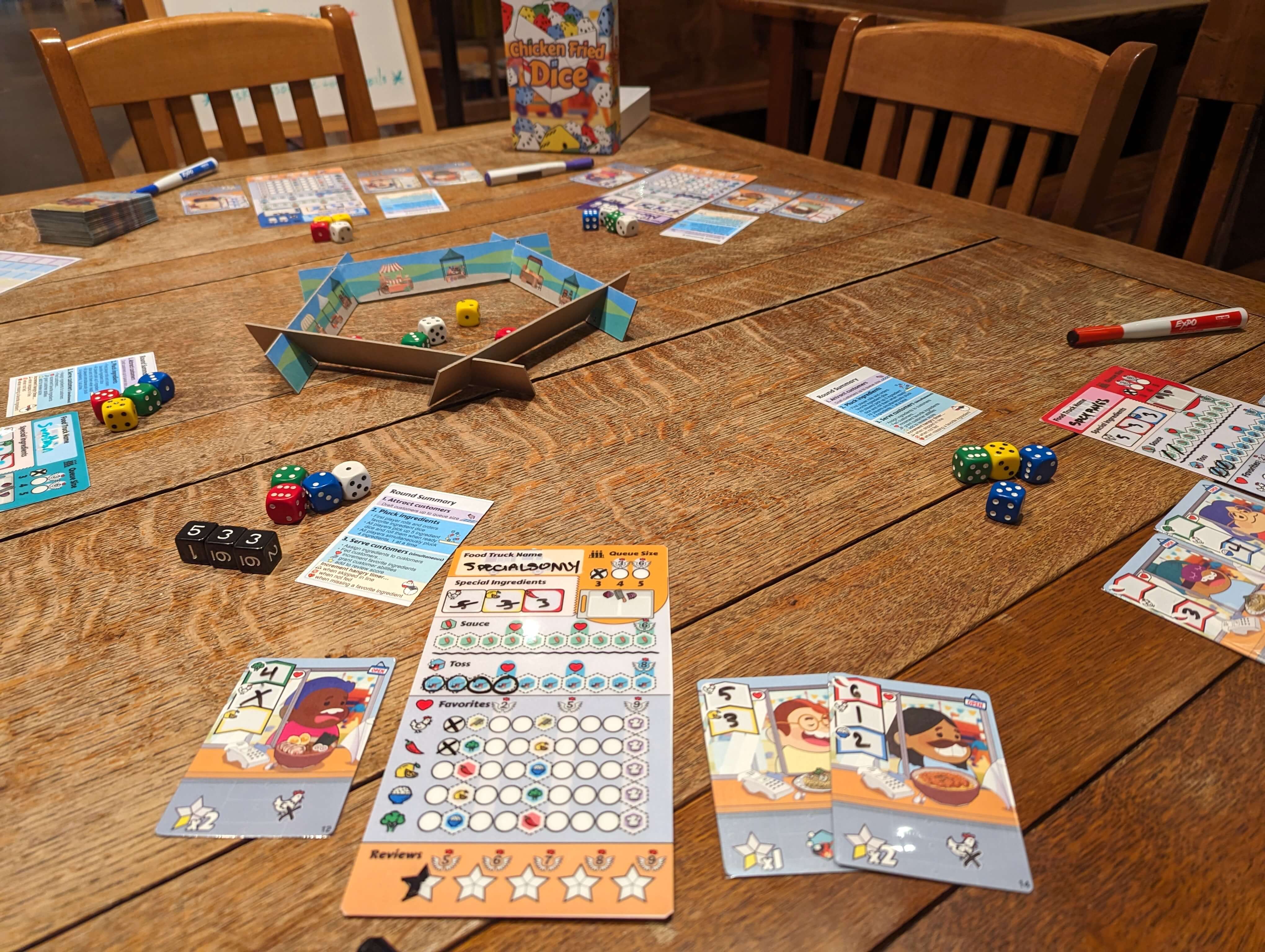 View of a game in progress where players are feeding customers